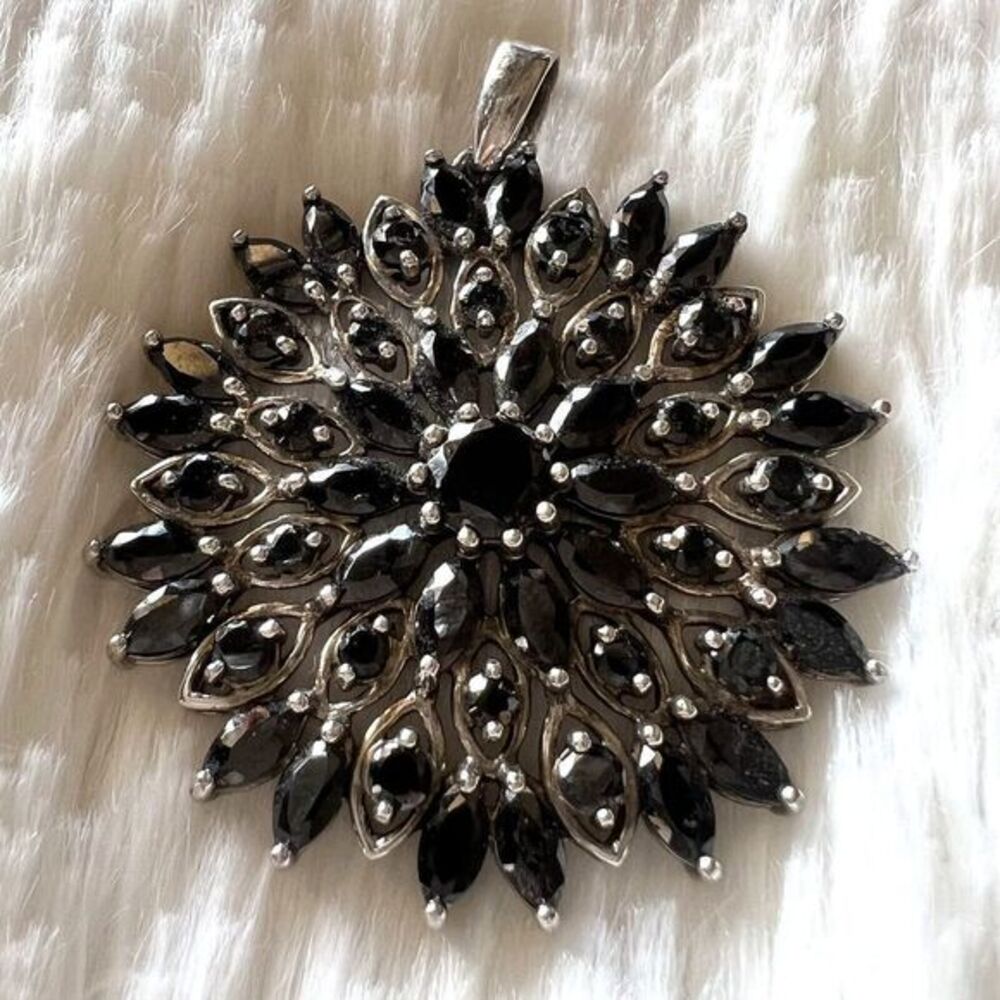 DL 925‎ Sterling Silver Vintage Melanite-Tone C Z Pendant 1.5 in